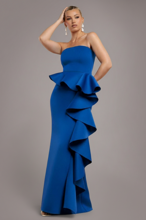 Boobtube Peplum  Waterfall Frill Maxi Dress - Royal Blue by Goddiva