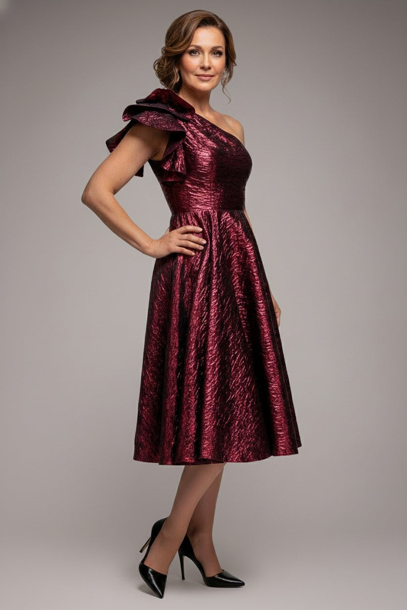 One Shoulder Frill Jacquard Skater Midi Dress - Burgundy Red DR4811M