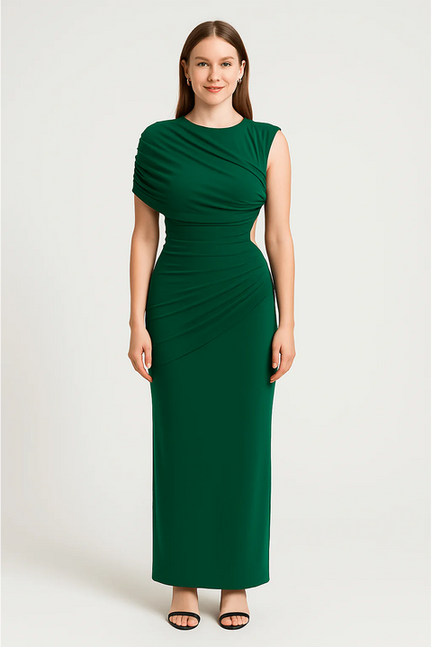 Draped Slim Fit Jersey Asymmetric Maxi Dress by Avinci