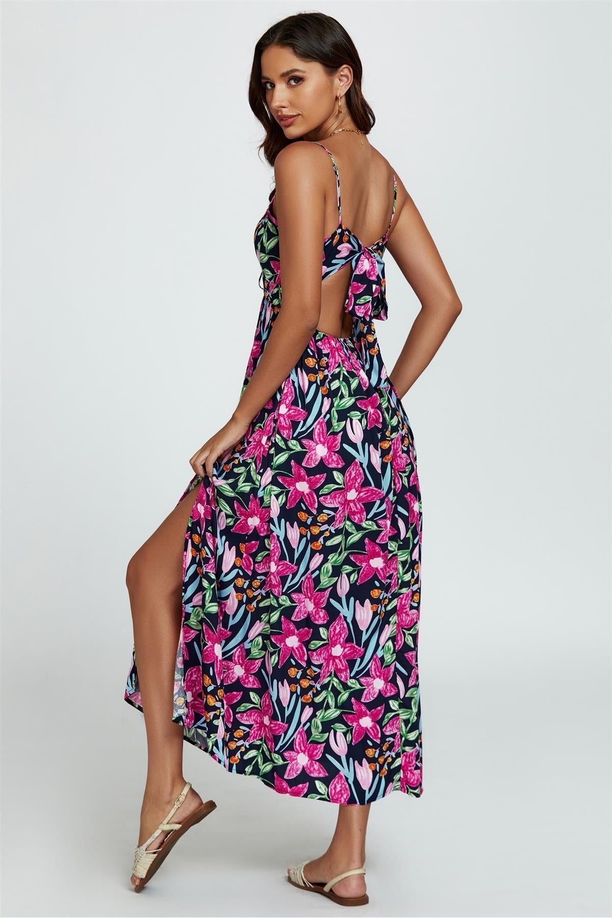 Floral Print Tie Front Maxi Dress In Black FS803-BM