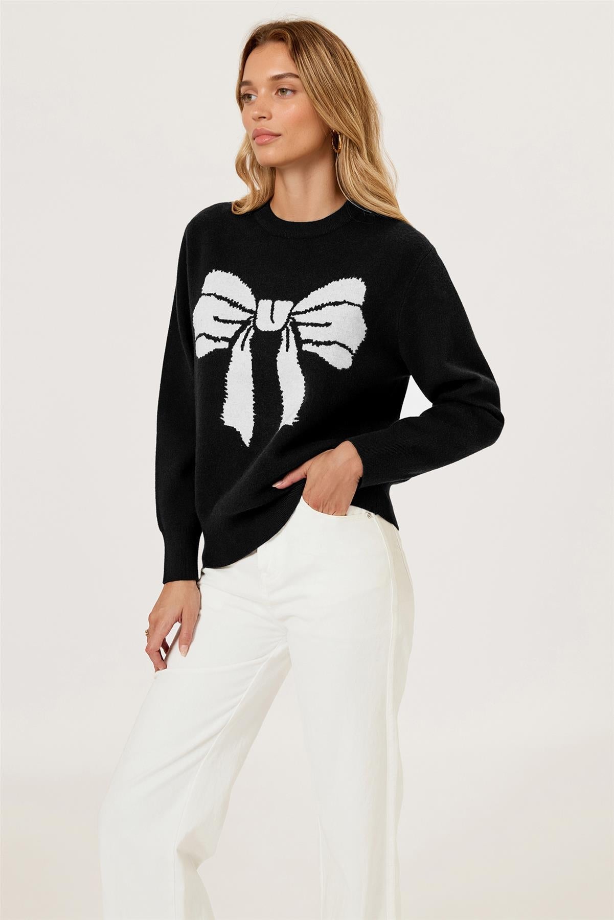 Bowknot Pattern Knit Jumper Top In Black FS850