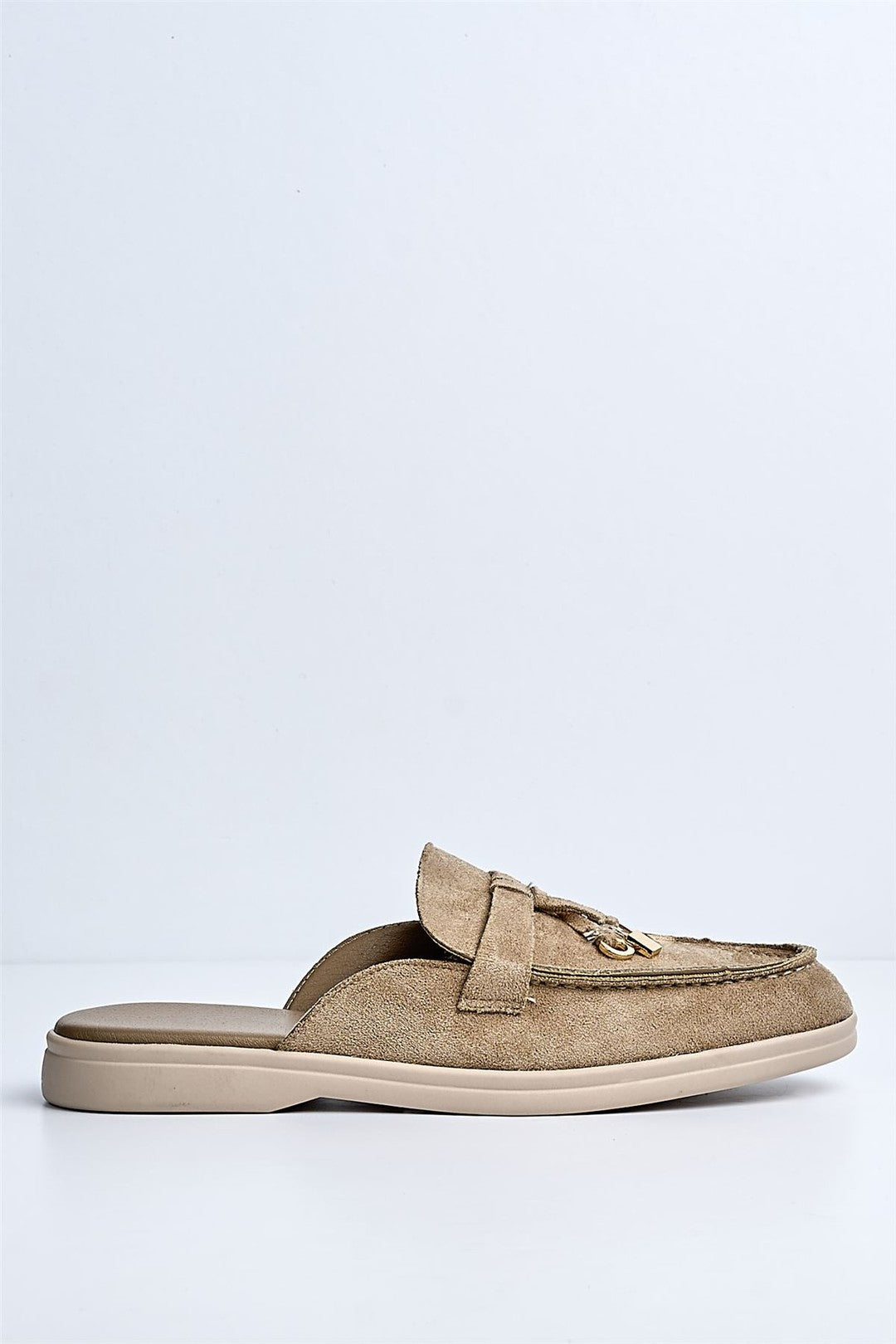 Adaloria Padlock Charm Backless Flat Loafers In Taupe Suede PANTHER2-TAUSU