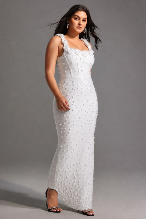 Shea Elegant Contour Square Neck Floral Pearl Bandage Maxi Dress by Bella Barnett
