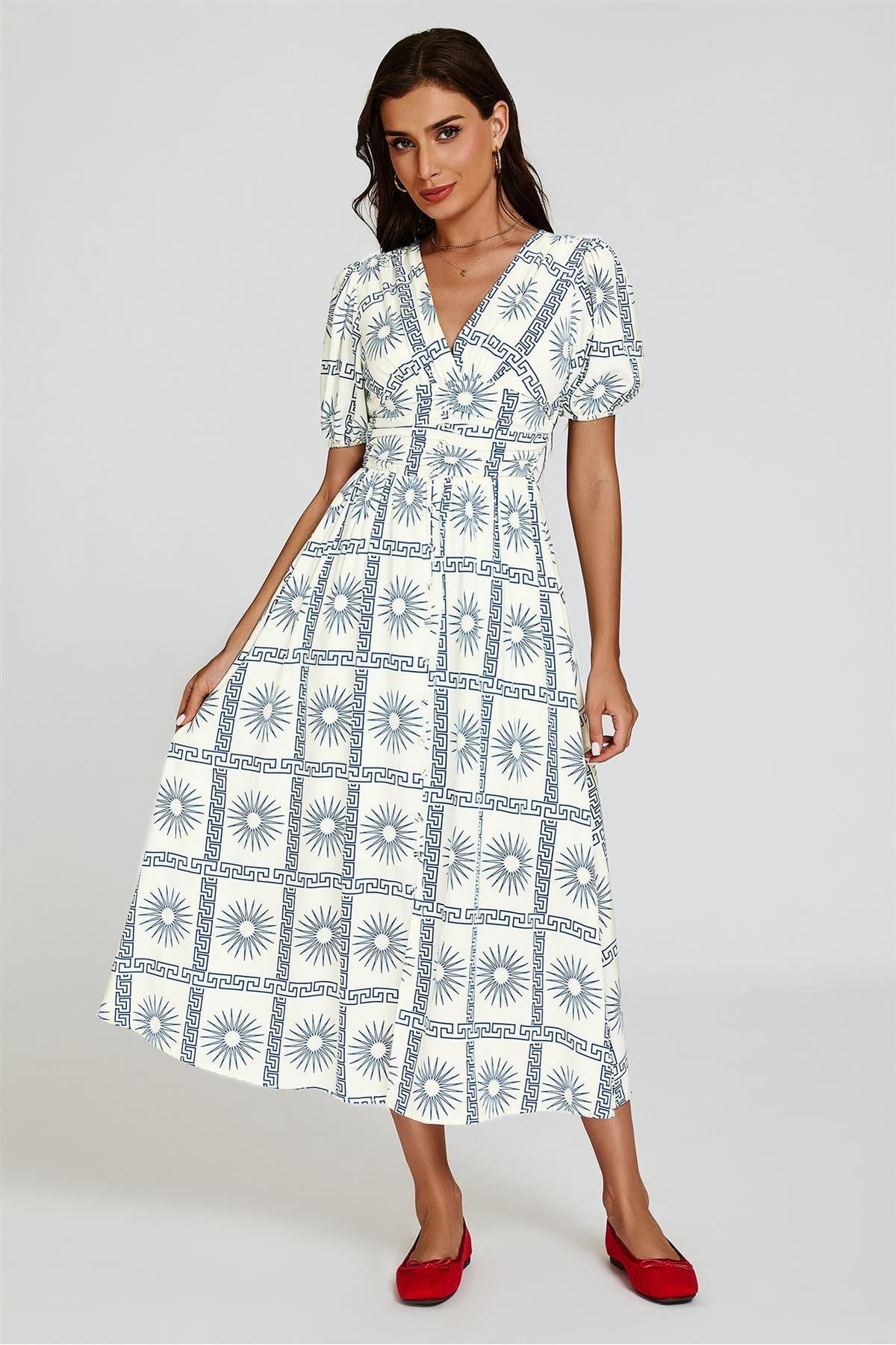 Geo Print Midi V Neckline Dress In White FS827-WBF