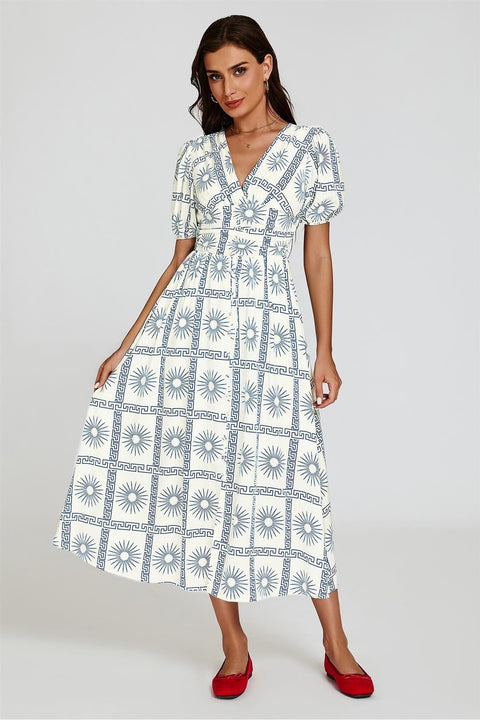 Geo Print Midi V Neckline Dress In White by FS Collection