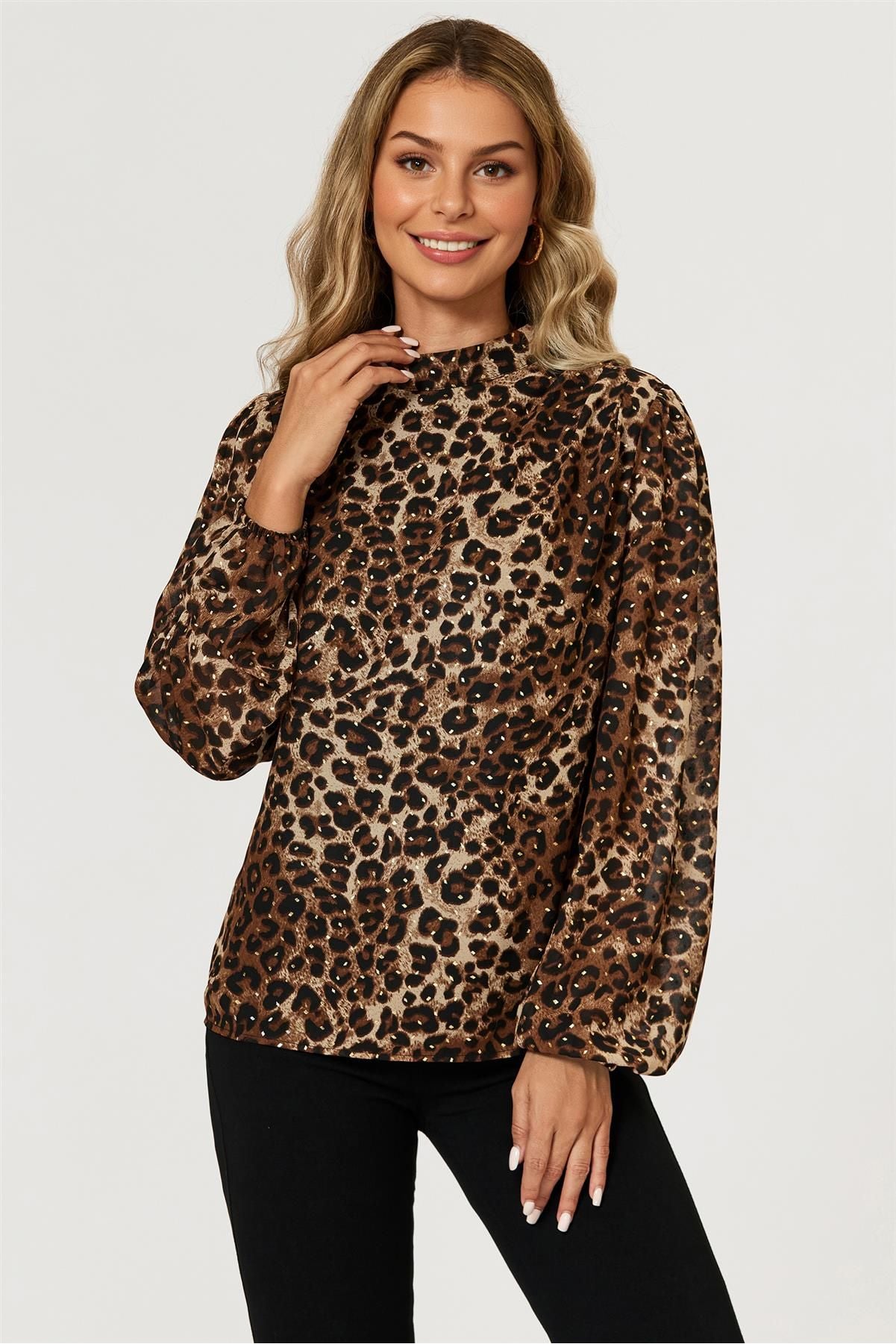 Leopard Print Foil Long Sleeve High Neck Top In Brown FS628-LPF