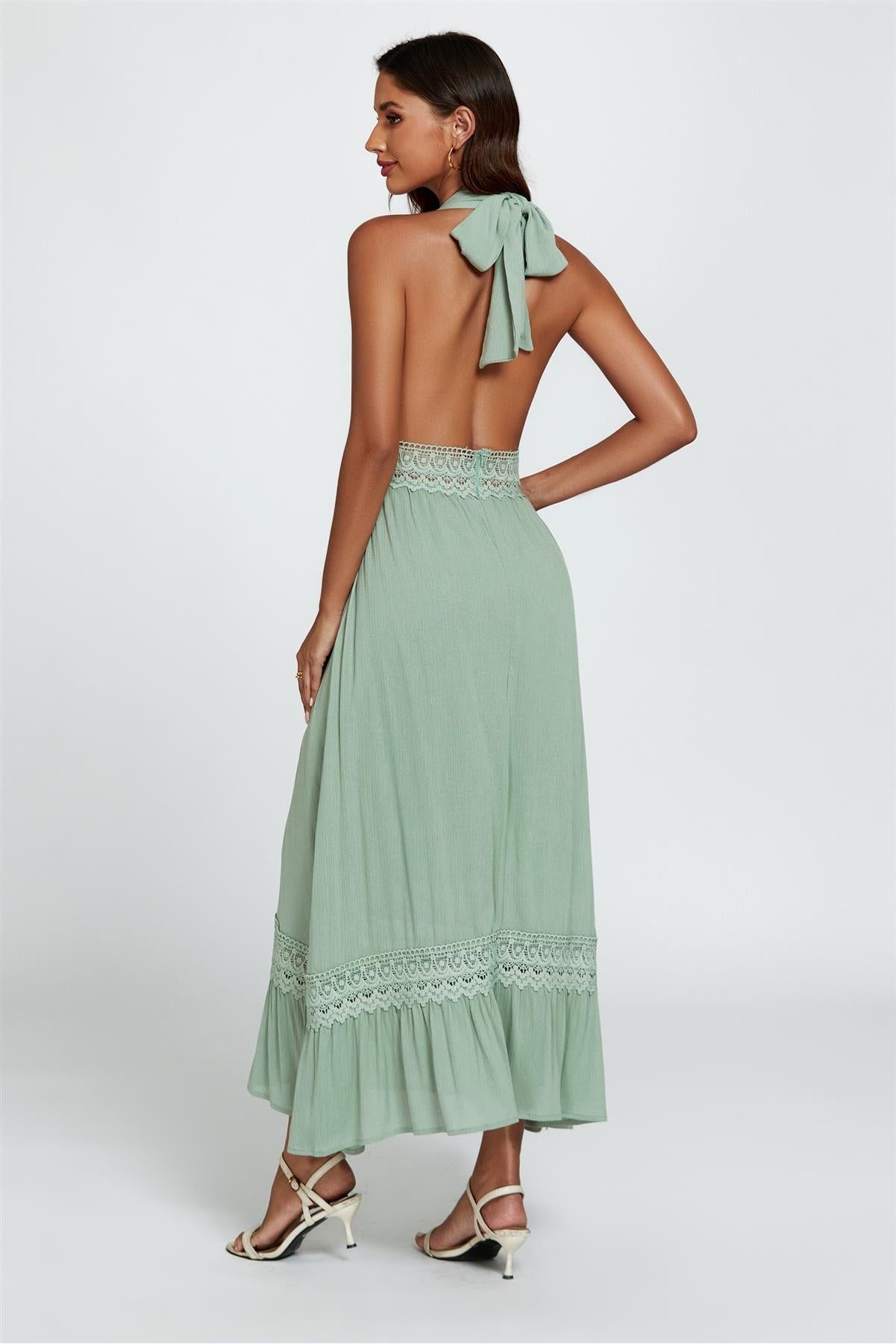 Lace Detail Adjustable Deep V Neckline Maxi Dress In Green FS254-Green