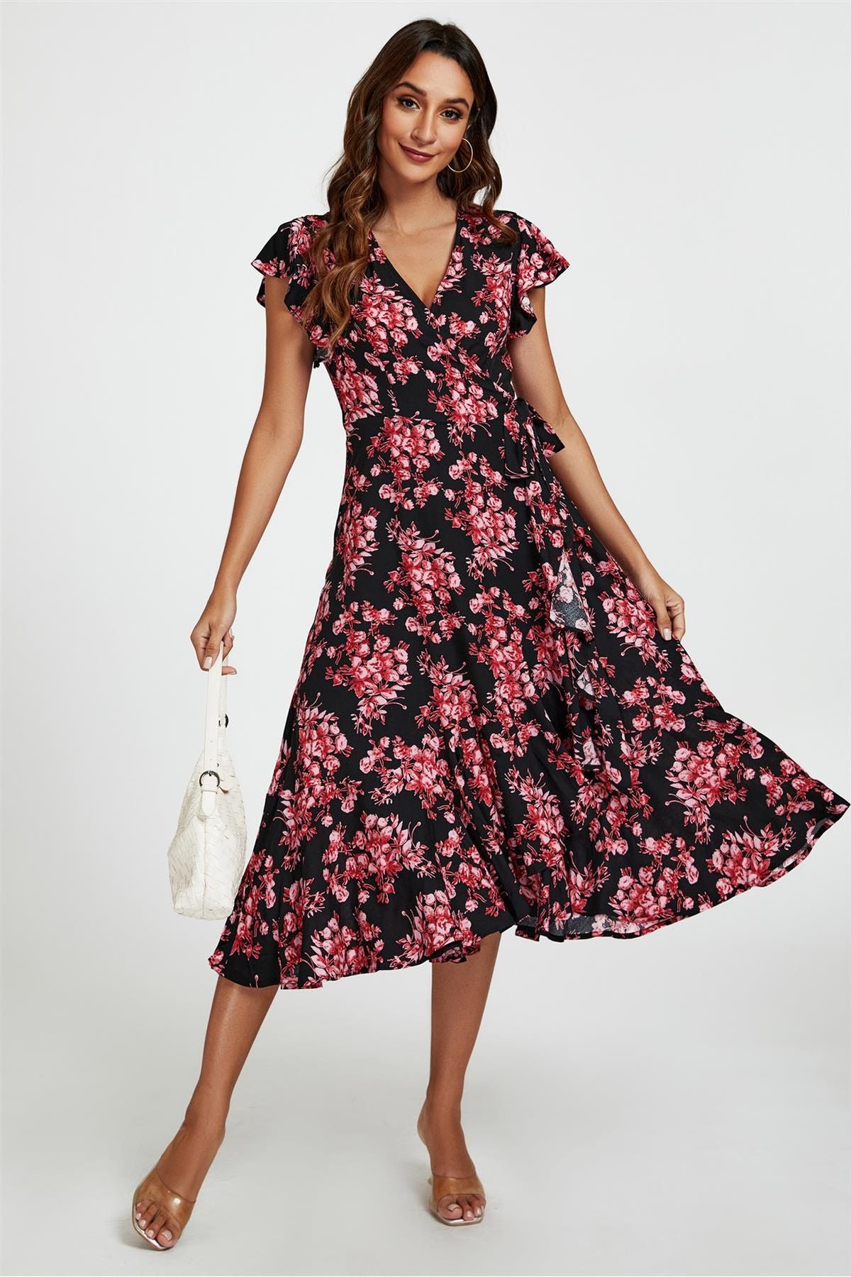 Pink Floral Frill Sleeve Midi Wrap Dress In Black FS411-BlackPink