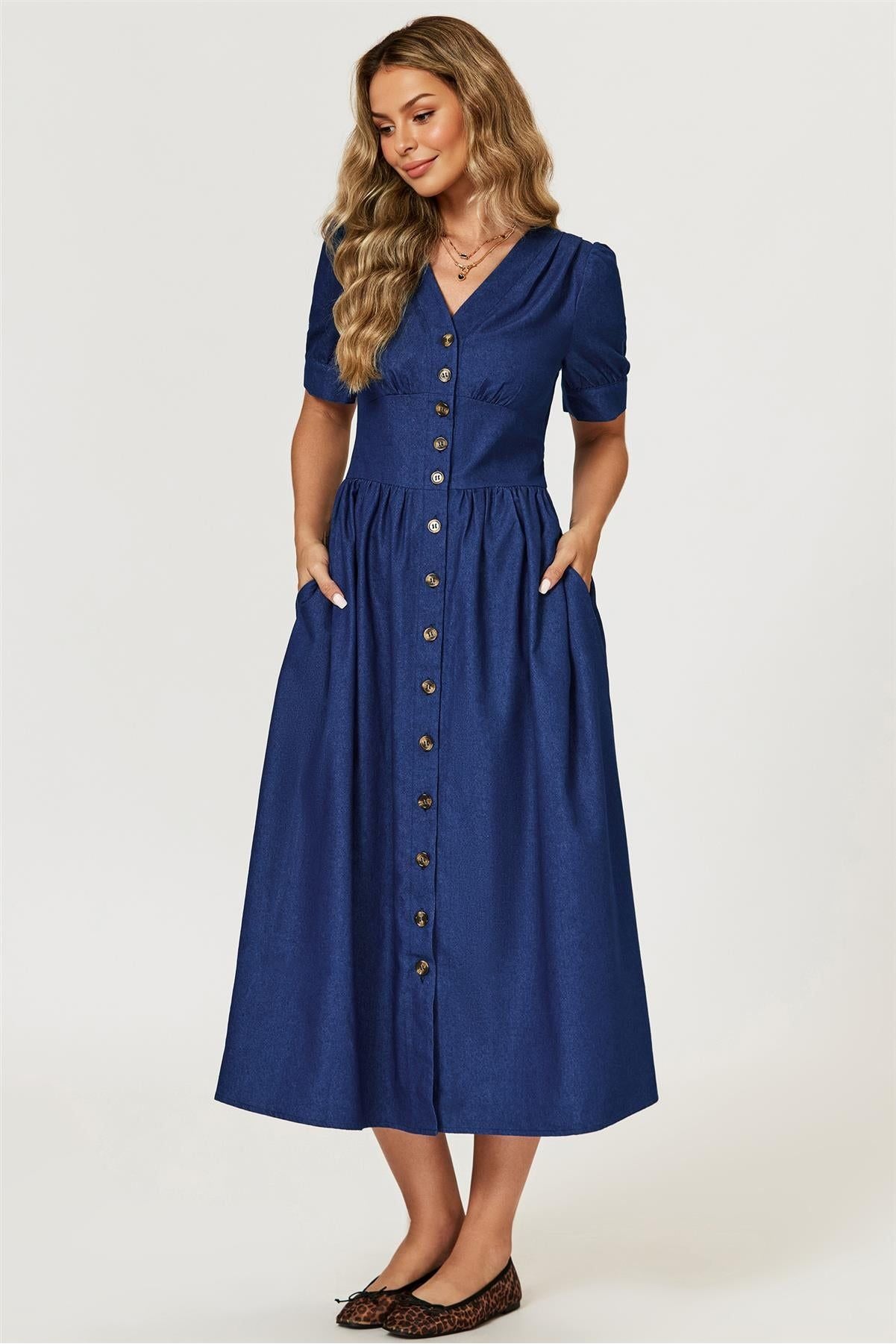 Denim Midi Dress In Blue FS873-Blue