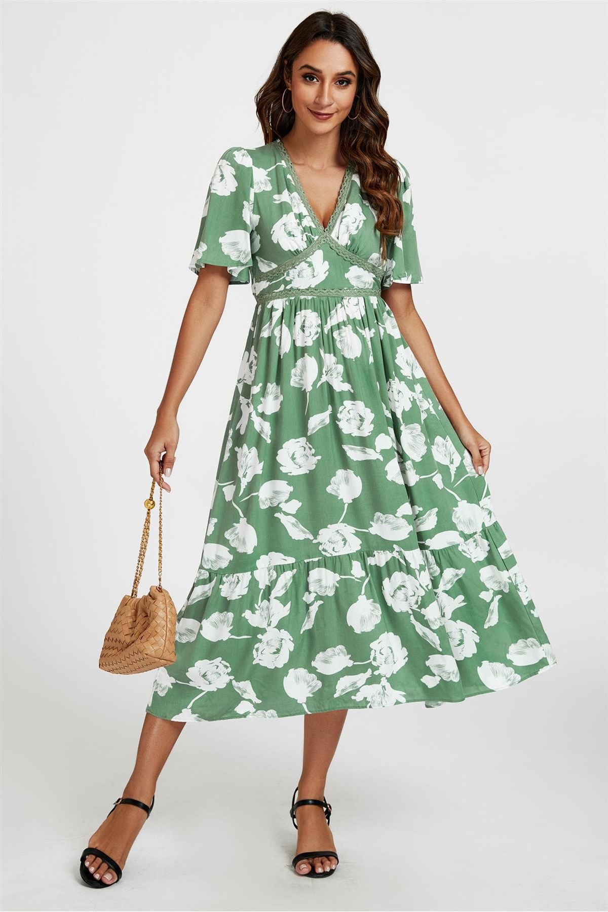 White Floral Print Lace Detail Angel Sleeve Midi Dress In Green FS661-GW