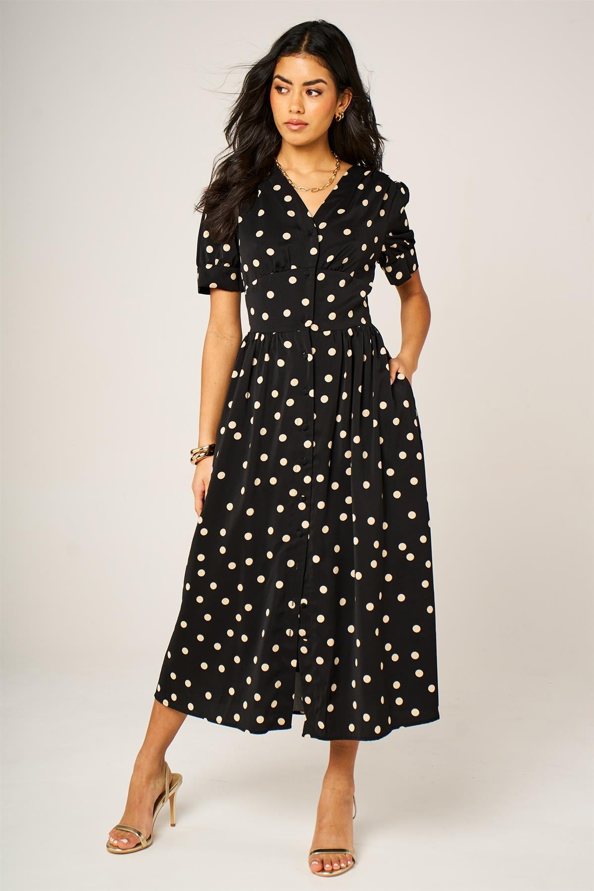 Dot Print Button Front Midi Dress In Black With Puff Sleeves FS931-BBD