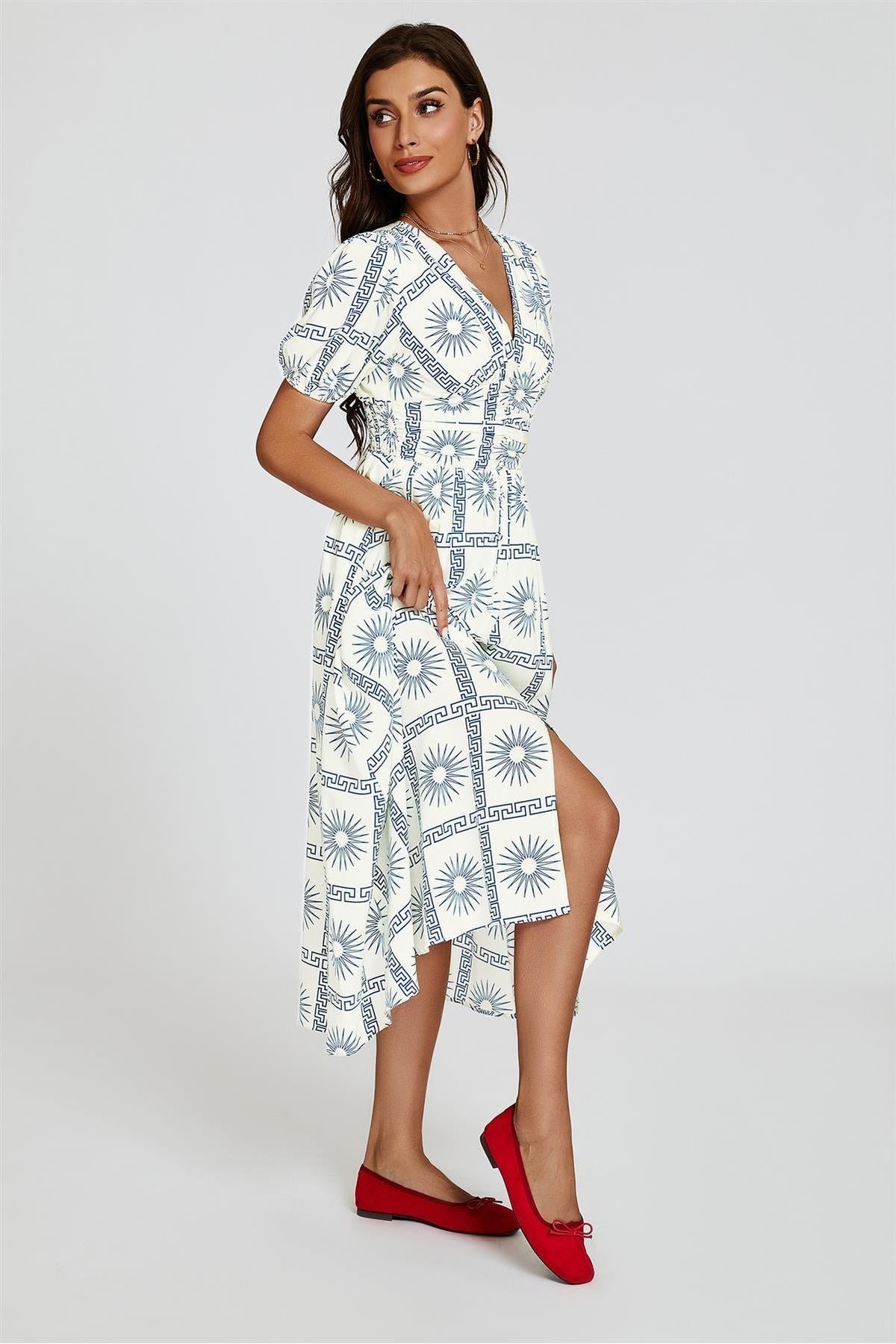 Geo Print Midi V Neckline Dress In White FS827-WBF