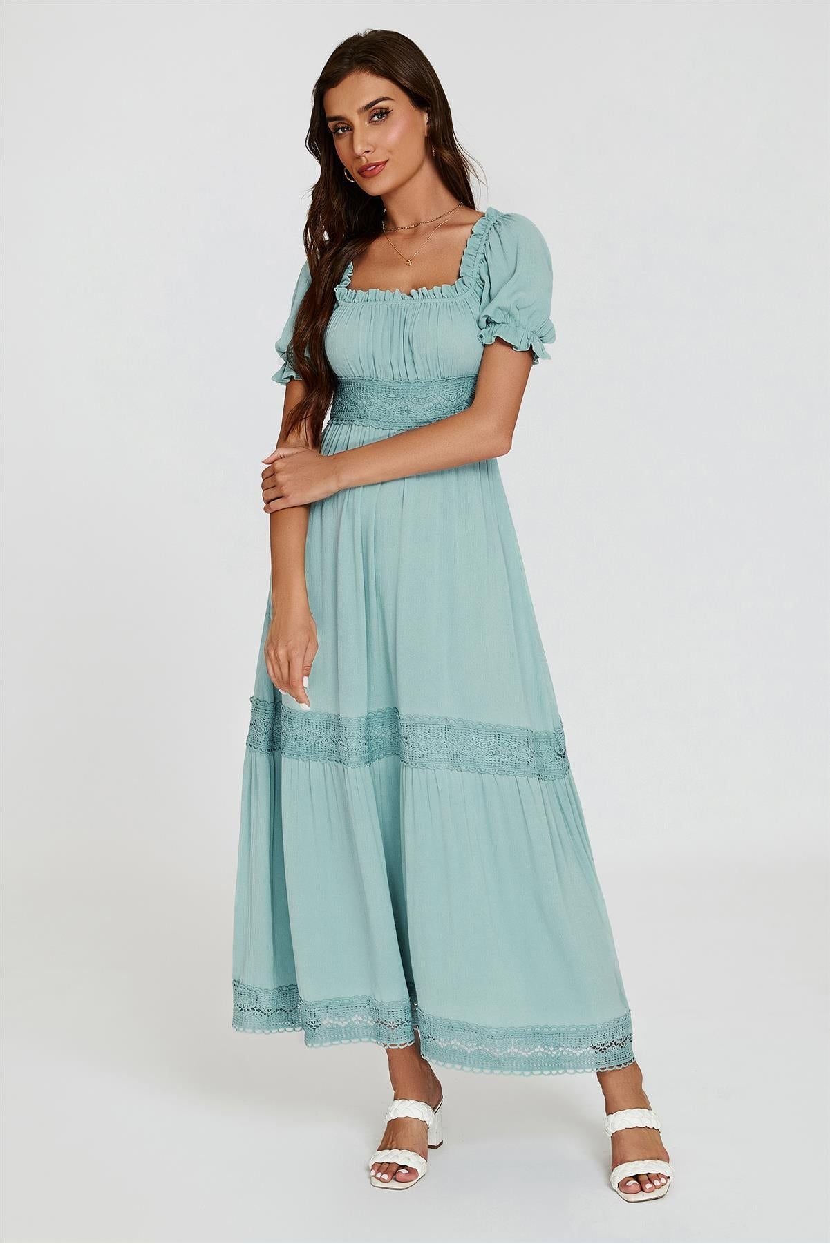 Lace Detail Bardot Maxi Dress In Blue FS829-BLC