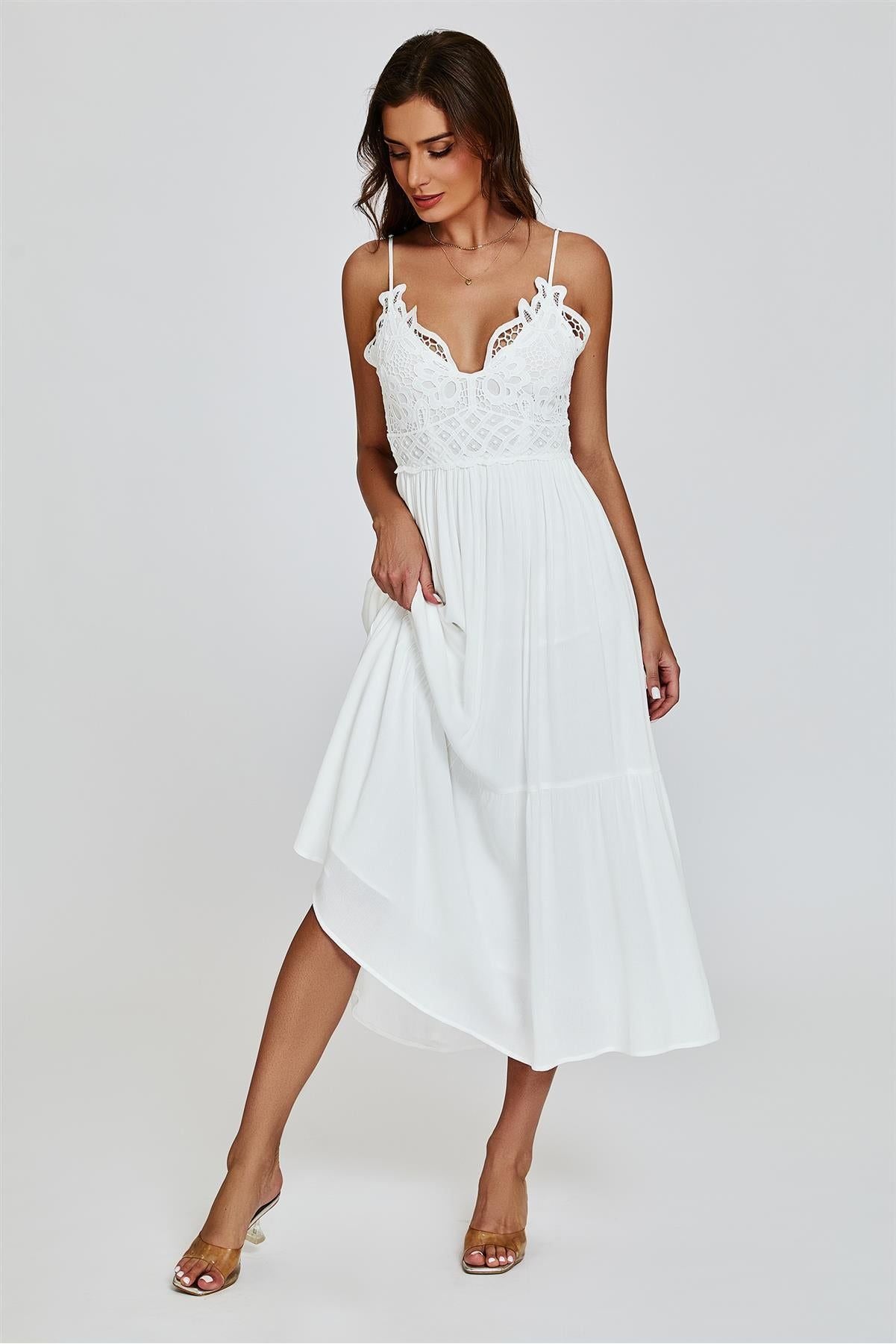 Lace Top Maxi Dress In White FS830-WL