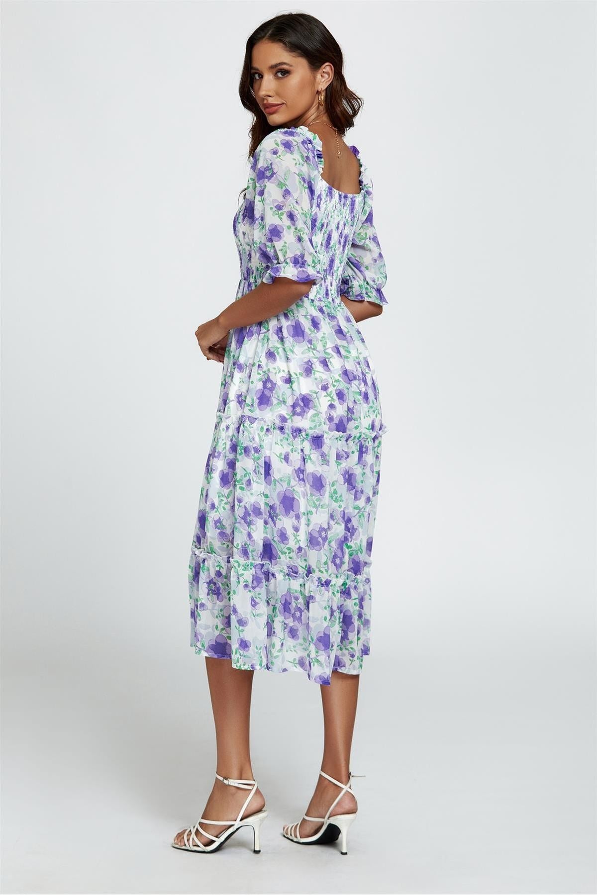 Floral Print Bardot Puff Sleeve Elasticated Detail Midi Dress In White FS362-PWF