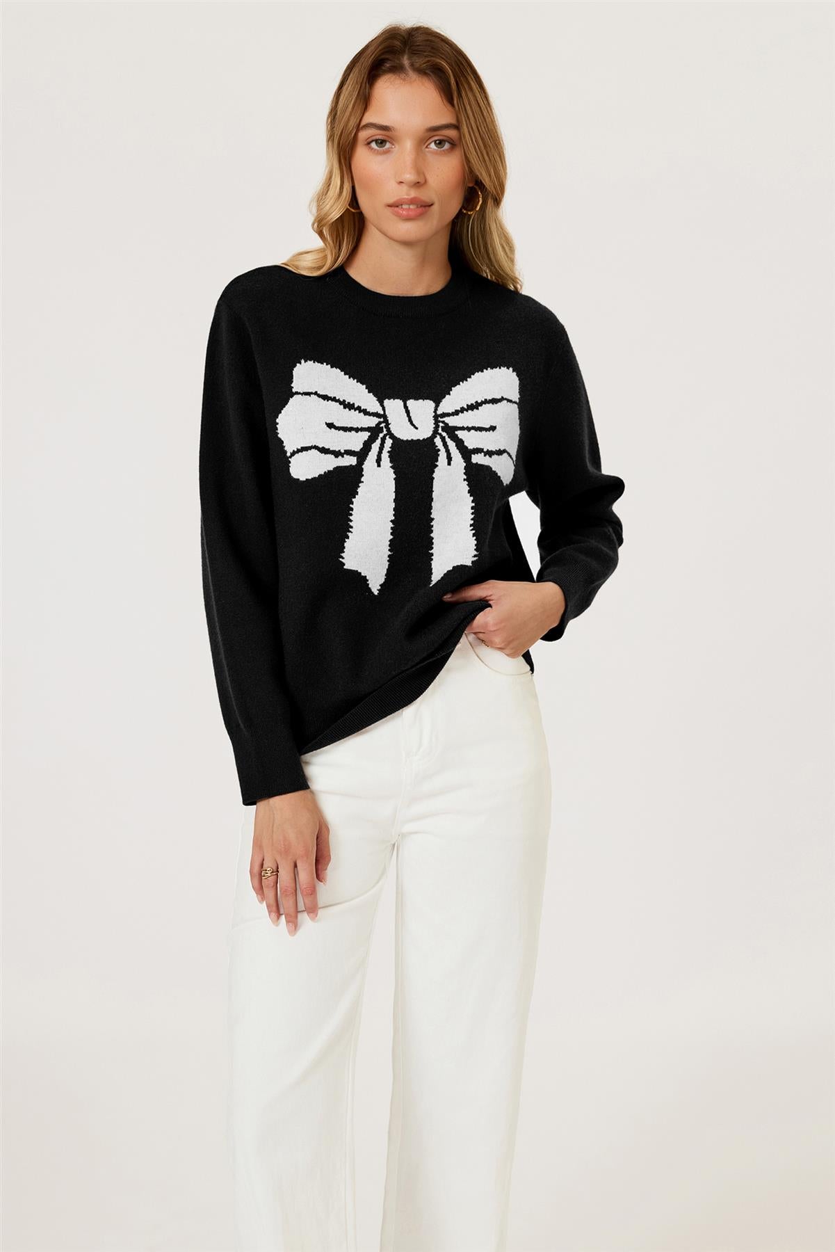 Bowknot Pattern Knit Jumper Top In Black FS850