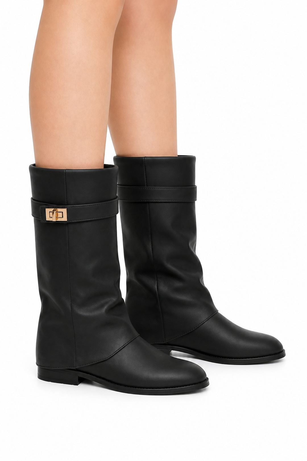 Isley Round Toe Gold Trim Buckle Fold Over Knee High Boots In Black Matt WISPA15-BLKMT