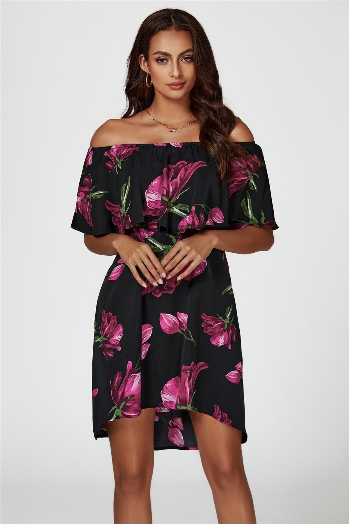 Pink Floral Print Bardot Frill Off Shoulder Mini Dress In Black FS21179-PinkFloral