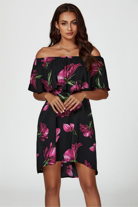 Pink Floral Print Bardot Frill Off Shoulder Mini Dress In Black by FS Collection