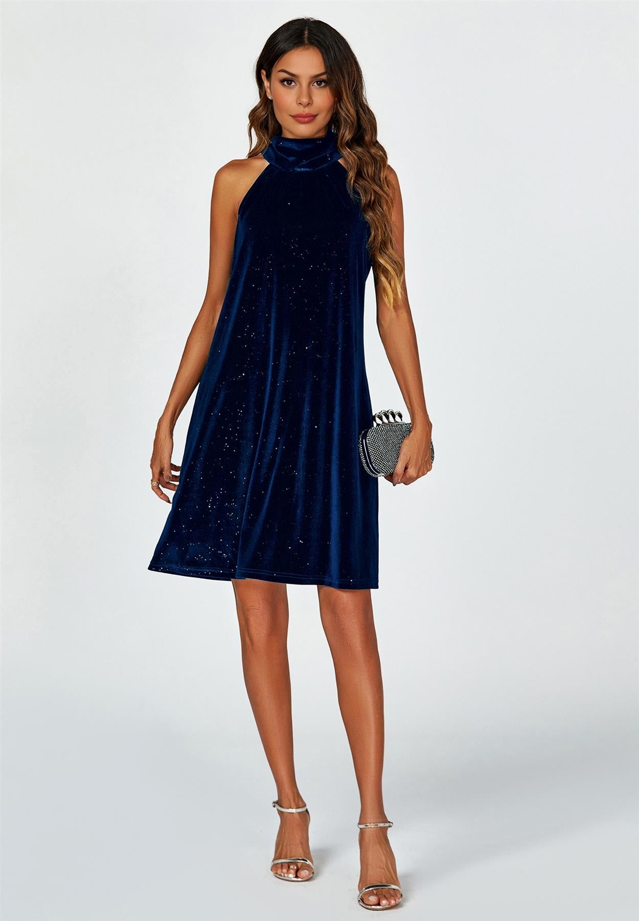 Silver Foil Velvet Halter Neck Tie Back Mini Dress In Navy FS455-VNS