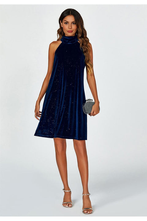 Silver Foil Velvet Halter Neck Tie Back Mini Dress In Navy by FS Collection