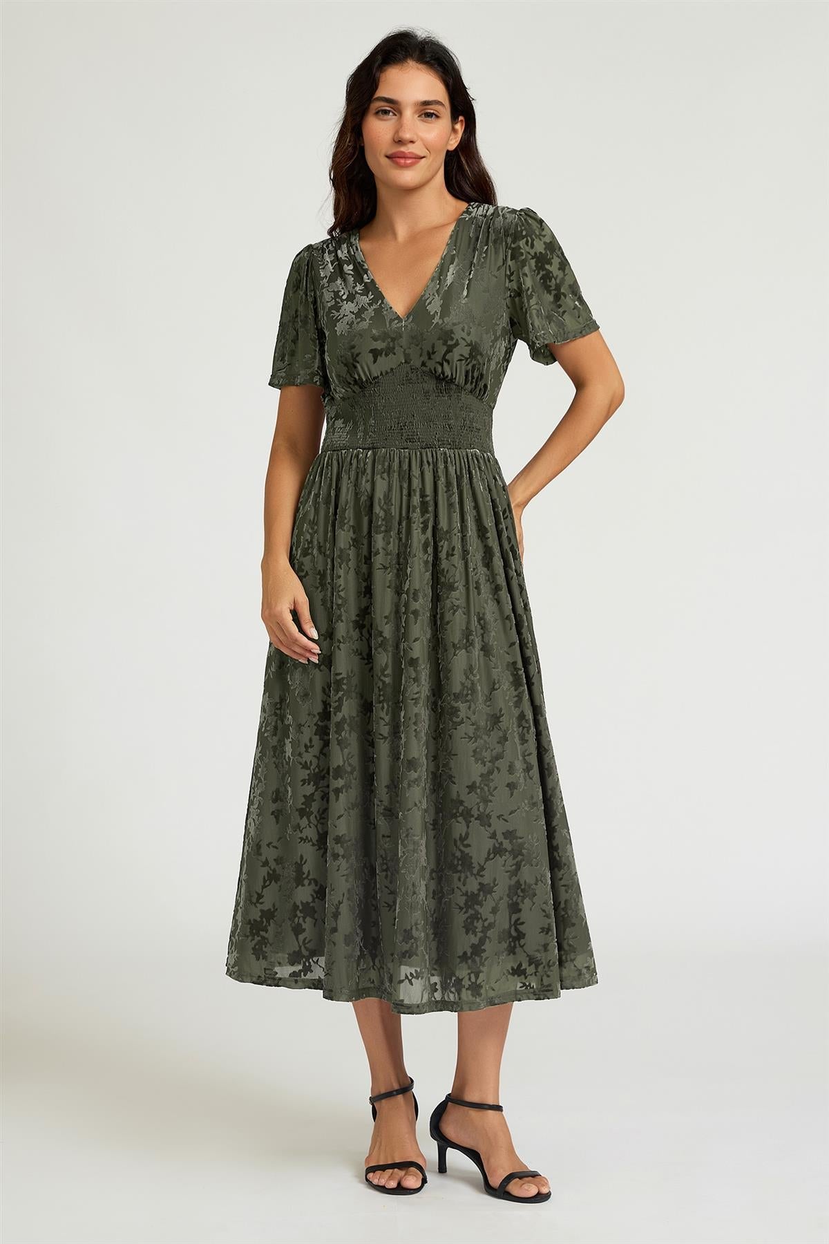 Dark Sage Velvet Burnout V-Neck Angel Sleeve Midi Dress FS955