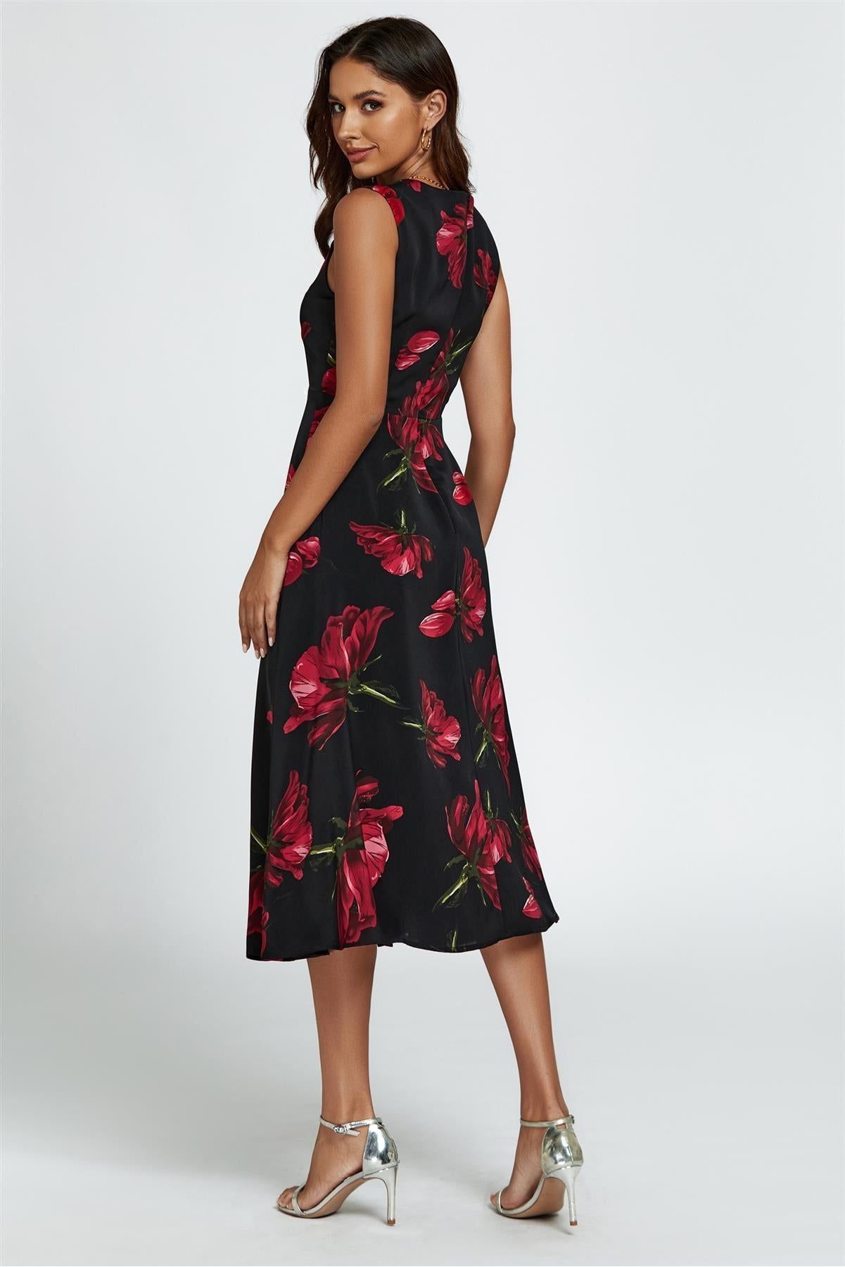 Floral Print Heart Neck Midi Dress In Black FS399-RedFloral