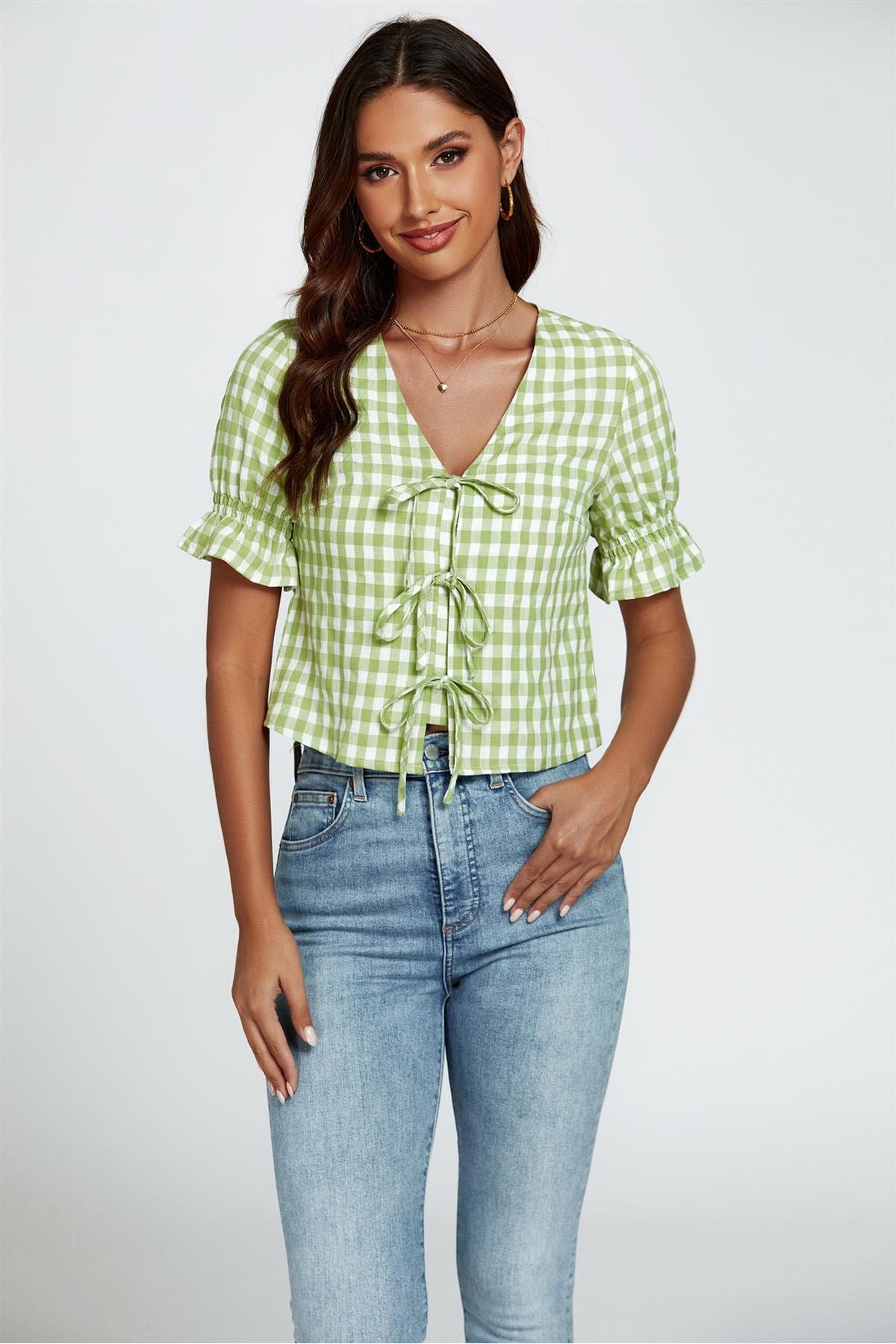 Check Print Tie Front Top In Green FS820-GC