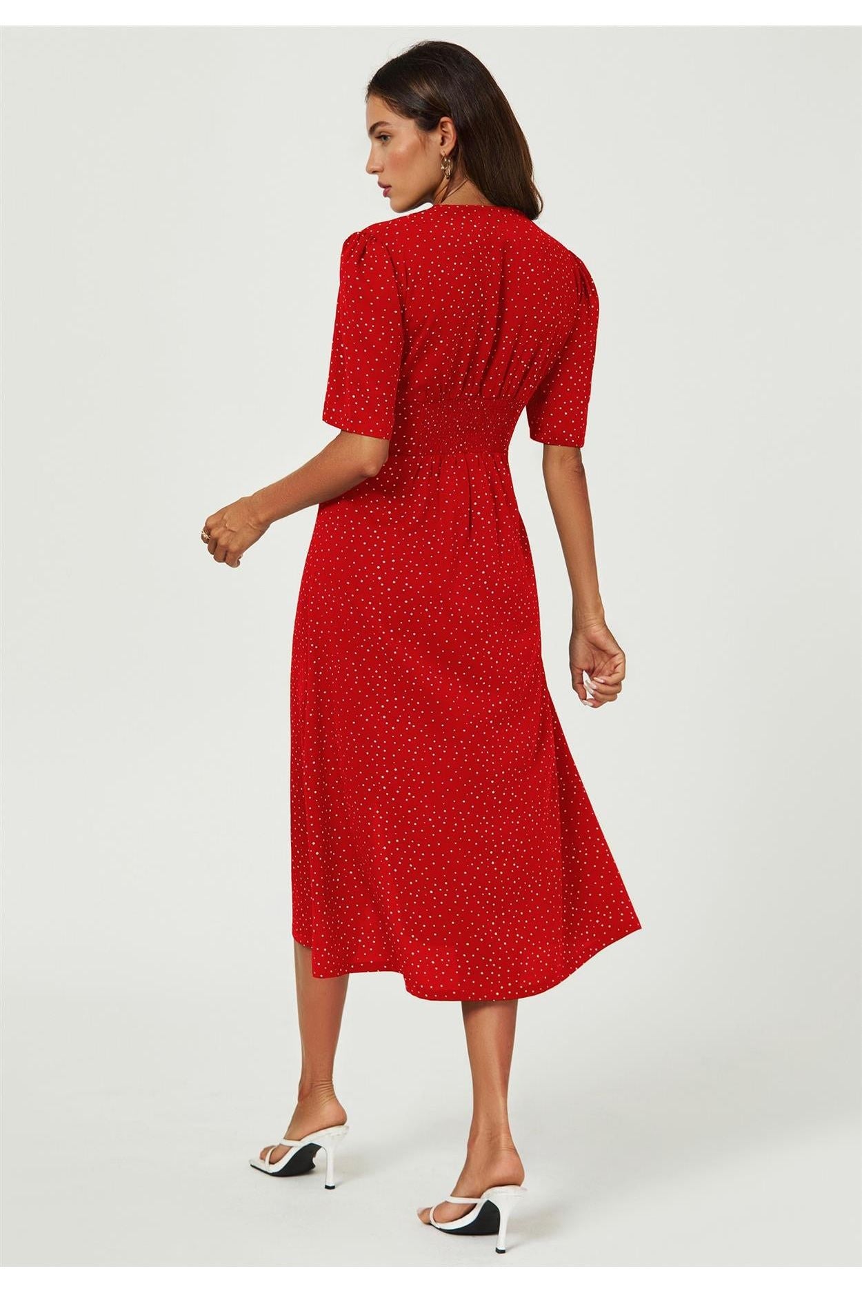 Dot Print Button Front Midi Dress In Red FS707-RedDot