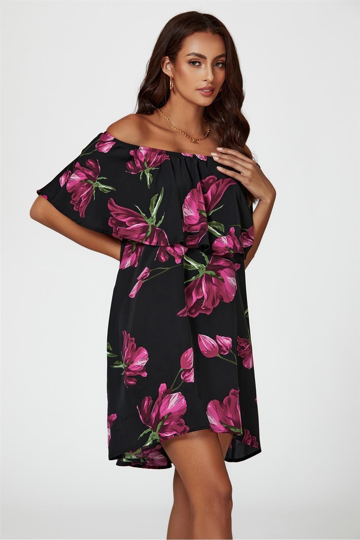 Pink Floral Print Bardot Frill Off Shoulder Mini Dress In Black FS21179-PinkFloral