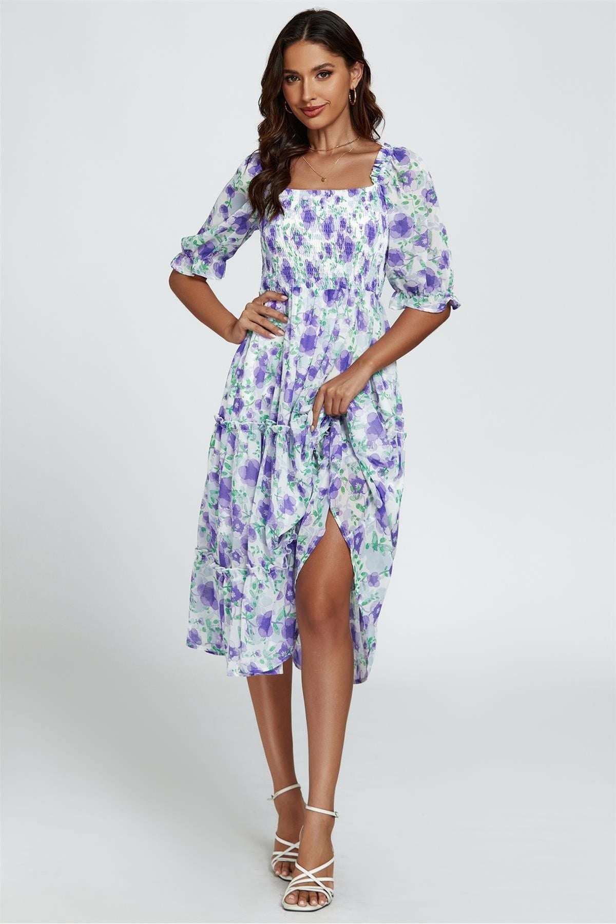 Floral Print Bardot Puff Sleeve Elasticated Detail Midi Dress In White FS362-PWF