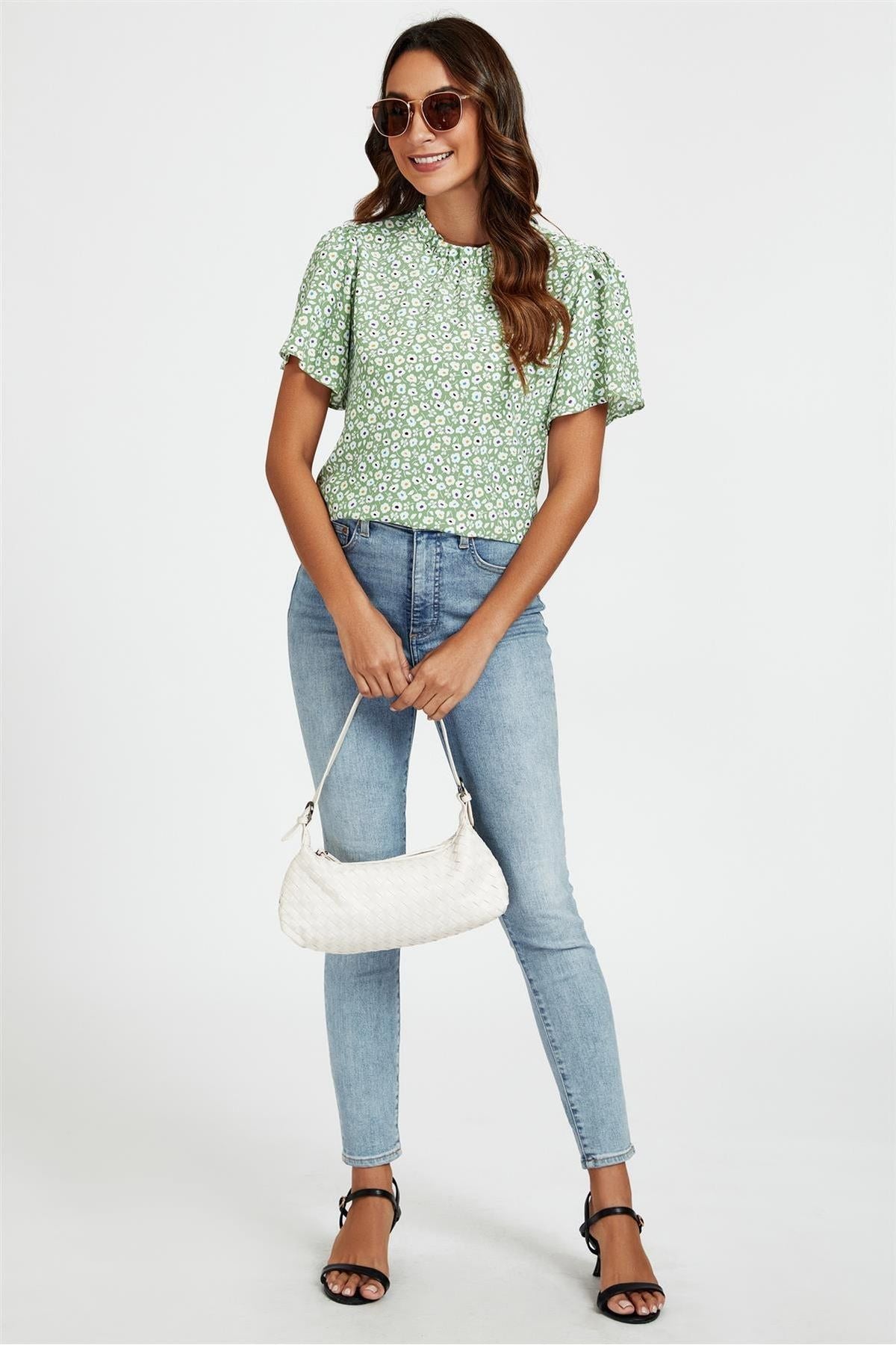 Little Floral Print Angle Sleeve High Neck Top Blouse In Green FS353-GMF