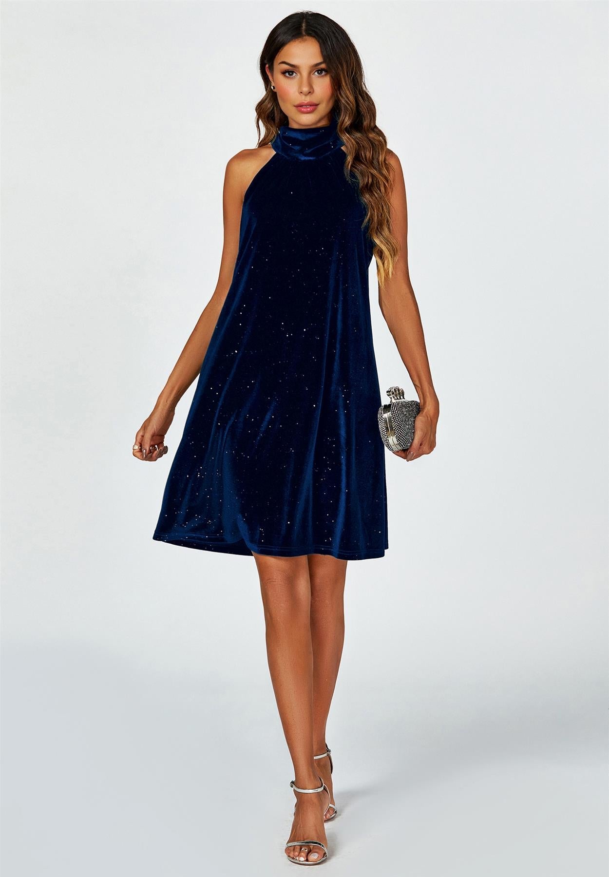 Silver Foil Velvet Halter Neck Tie Back Mini Dress In Navy FS455-VNS