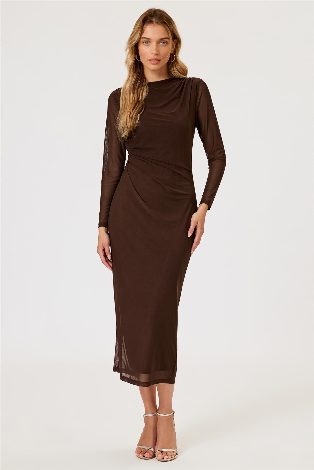 Long Sleeves Mesh Midi Dress In Brown FS776