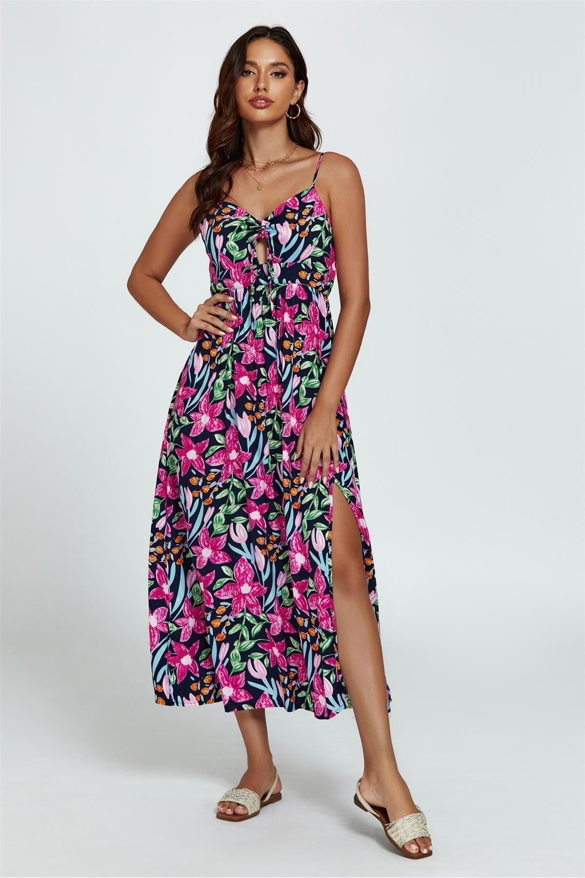 Floral Print Tie Front Maxi Dress In Black FS803-BM