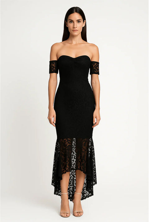 Black Fishtail Style Hem Off Shoulder Slim Fit Lace Midi Dress by Avinci