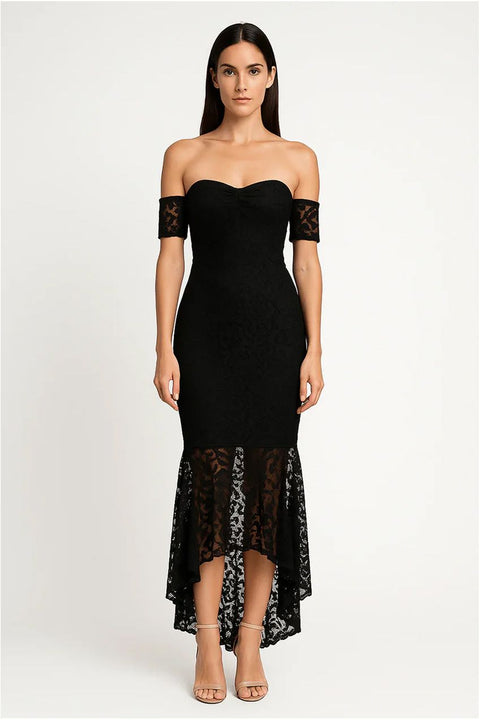 Black Fishtail Style Hem Off Shoulder Slim Fit Lace Midi Dress by Avinci