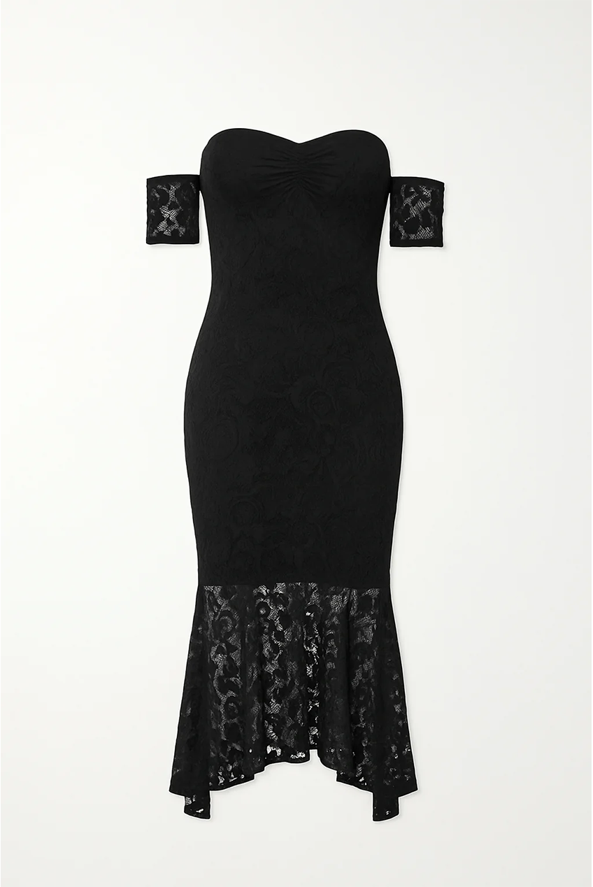 Black Fishtail Style Hem Off Shoulder Slim Fit Lace Midi Dress AV-72012BLK