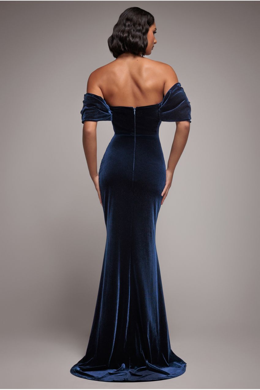 Off The Shoulder Deep Plunge Velvet Maxi Dress - Navy Blue DR4692