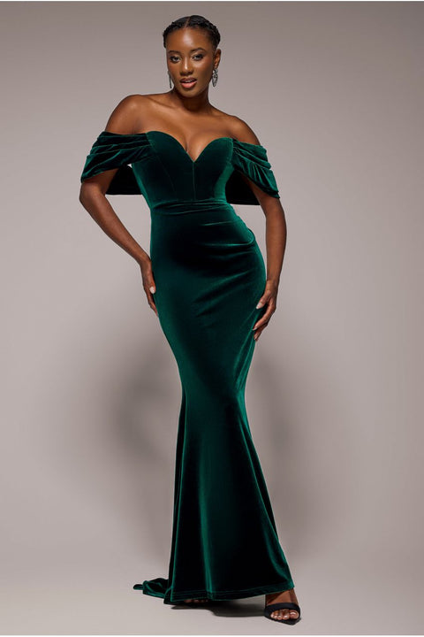Off The Shoulder Deep Plunge Velvet Maxi Dress - Emerald Green by Goddiva