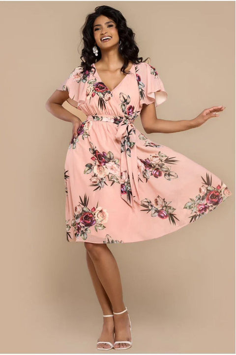 Sustainable Floral Print Midi Wrap Dress With Flutter Sleeves - Peach by Goddiva
