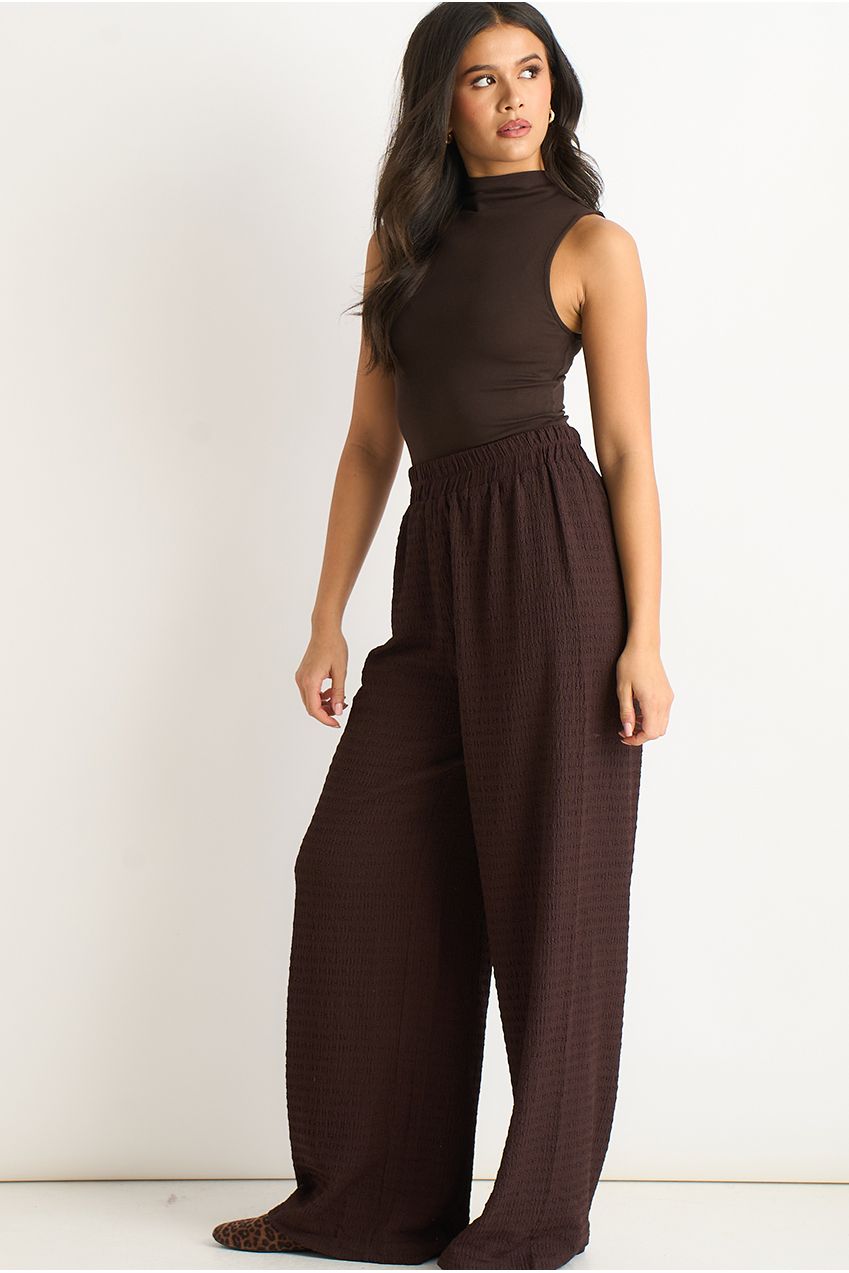 Chocolate Textured Elastic Waist Pull On Trousers GL1199B021_A