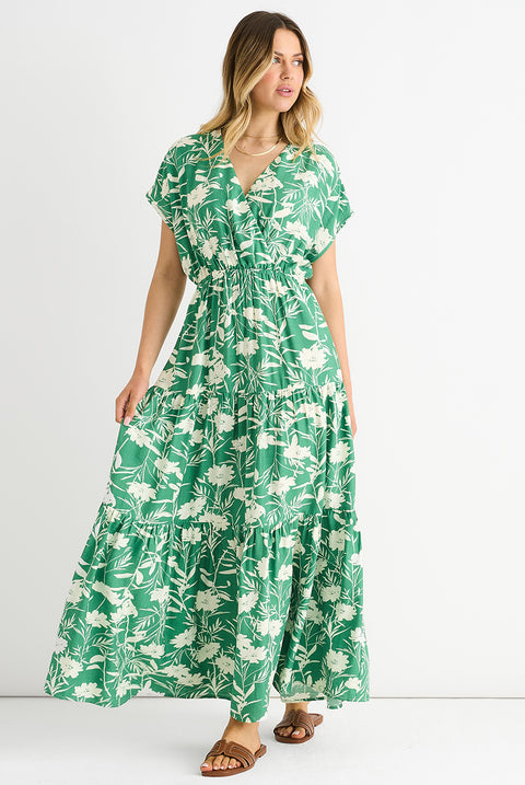 Green Floral Elastic Waist Maxi Dress by Gini London