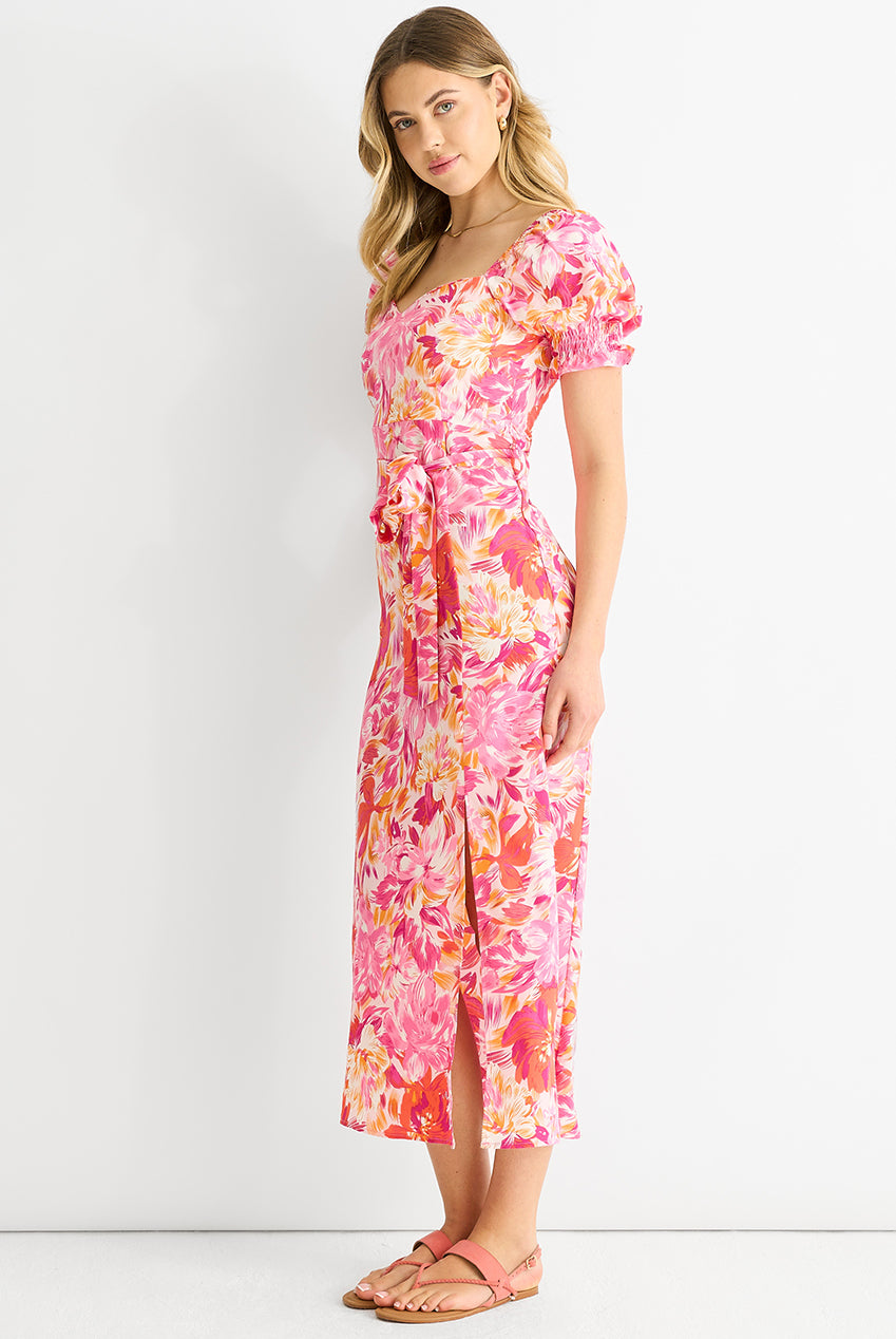 Pink Floral Puff Sleeves Belted Midi Dress GL1437