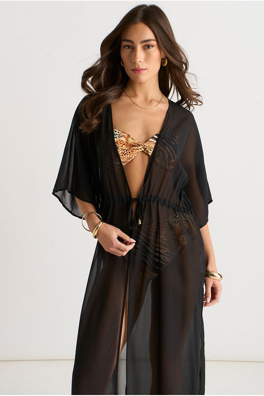 Black Flowy Open Front Beach Cover Kimono GL1682