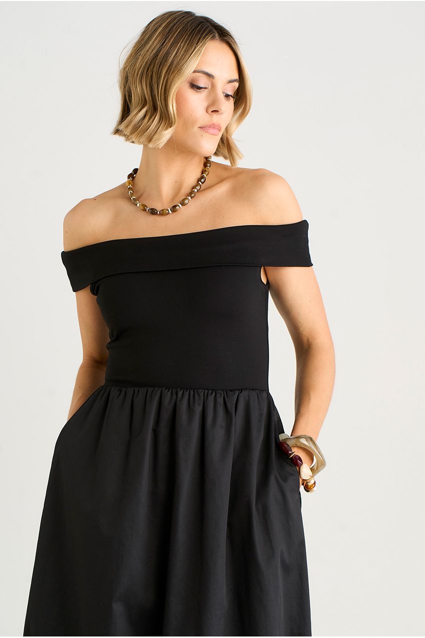 Black Bardot Jersey Mix Puff Ball Midi Dress GL2051