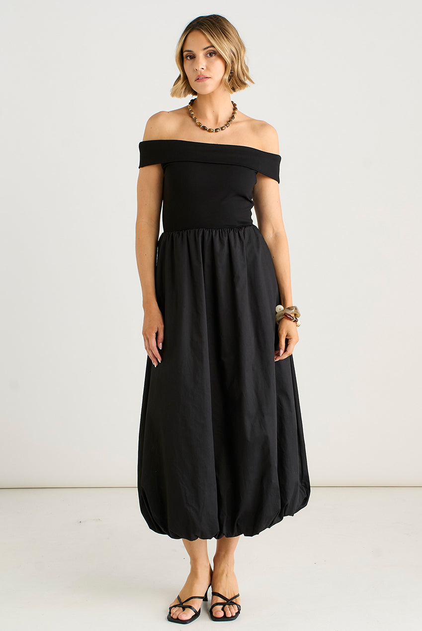 knee length dresses for ladies Black Bardot Jersey Mix Puff Ball Midi Dress