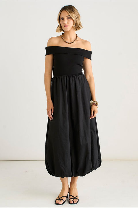 Black Bardot Jersey Mix Puff Ball Midi Dress by Gini London