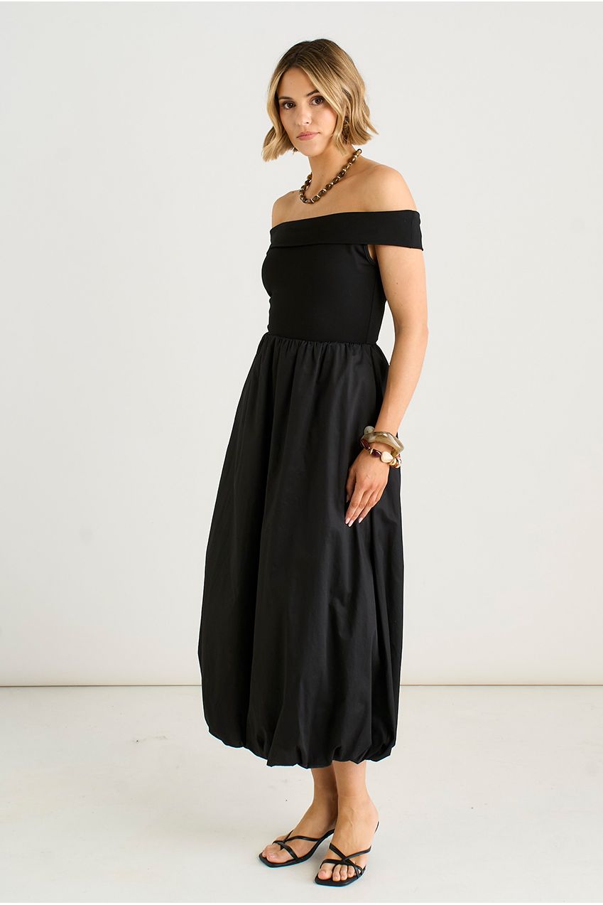 Black Bardot Jersey Mix Puff Ball Midi Dress GL2051