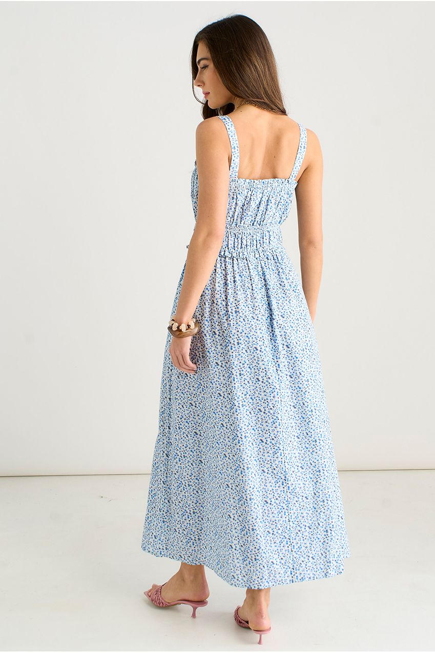 Blue Ditsy Floral Shirred Bodice Midi Dress GL2132